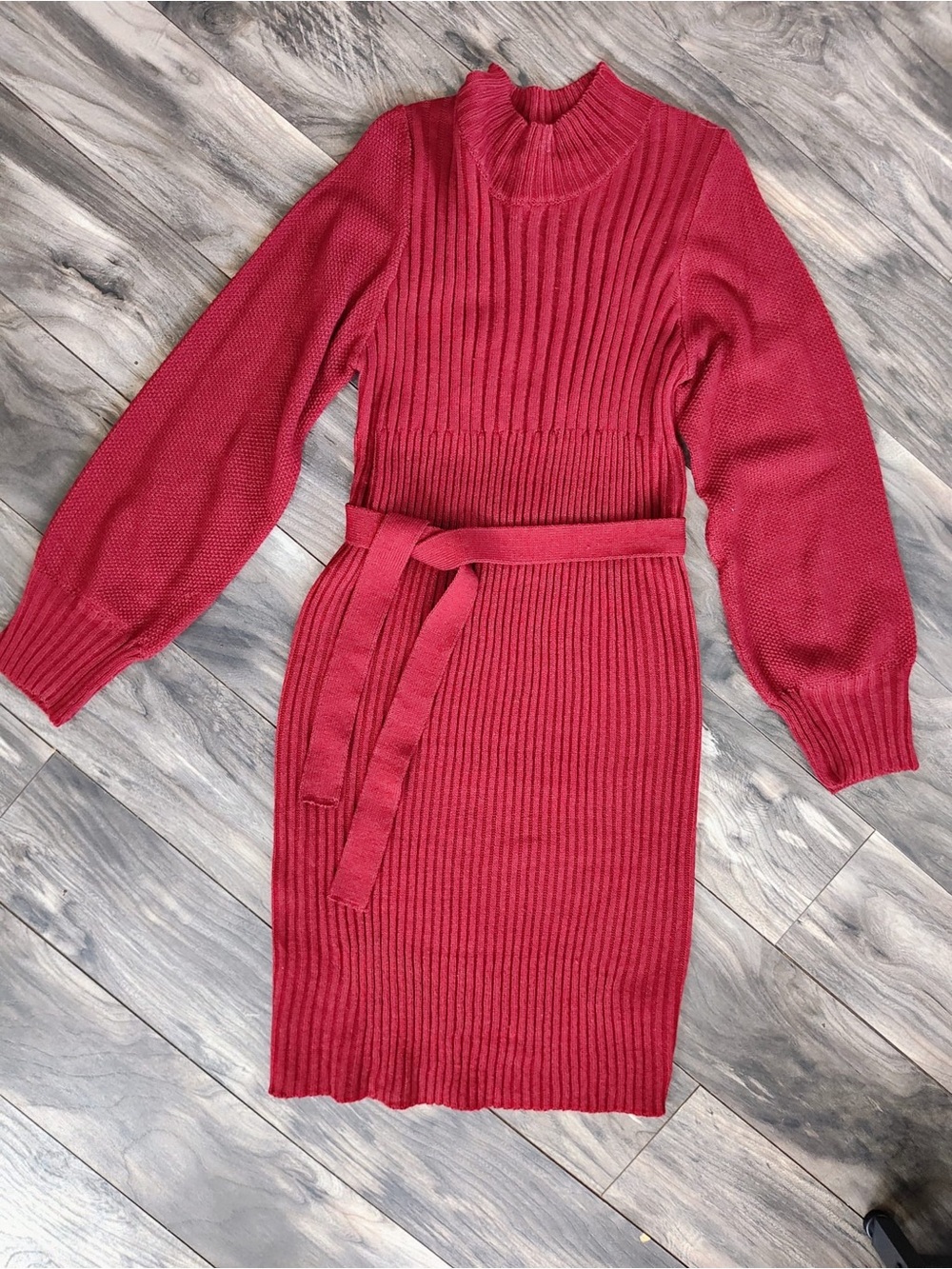 SHEIN Red Rib Knit Tie-Waist Turtleneck Sweater Dress